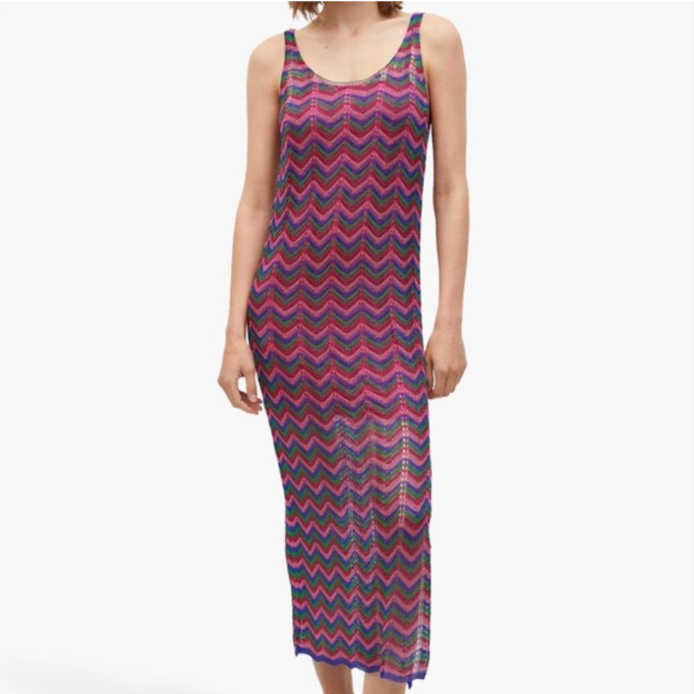 Mango Knit Openwork Metallic Crochet Sweater Dress